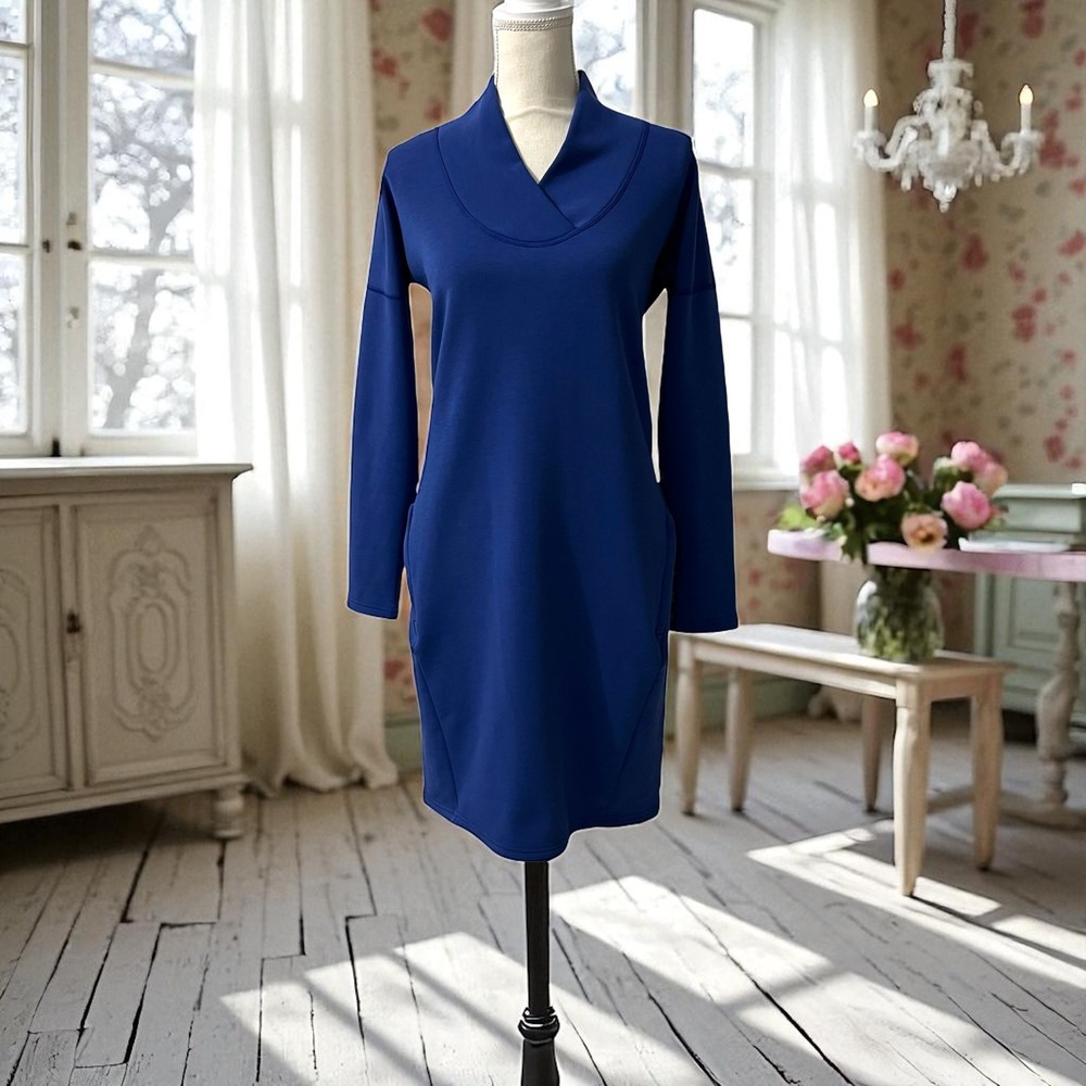 Athleta Blue SoftTech Long Sleeve Mock Neck Pockets Casual Dress